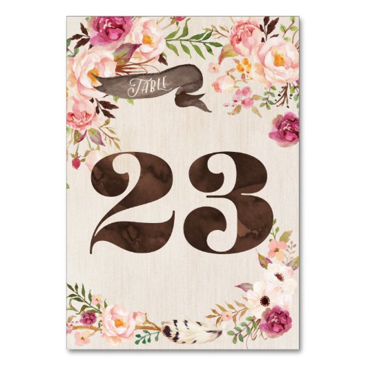 Boho Floral Rustic Wedding Tischnummer Card 23 (Vorderseite)