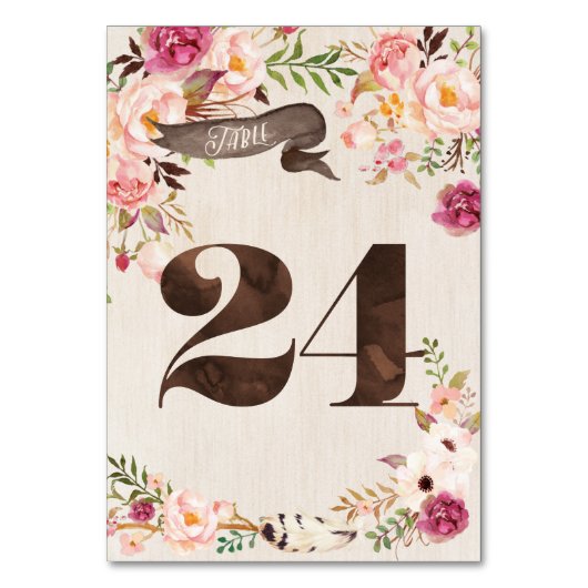 Boho Floral Rustic Wedding Tischnummer Card 24 (Vorderseite)