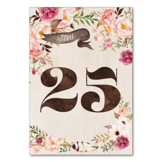 Boho Floral Rustic Wedding Tischnummer Card 25 (Vorderseite)