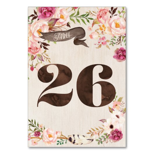 Boho Floral Rustic Wedding Tischnummer Card 26 (Vorderseite)