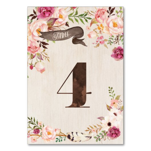 Boho Floral Rustic Wedding Tischnummer Card 4 (Vorderseite)
