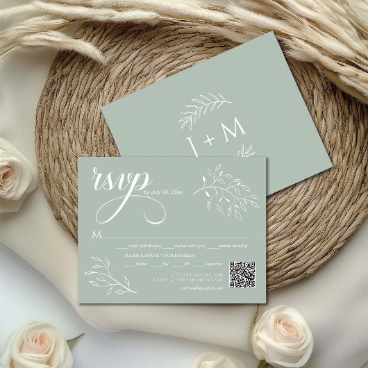 Boho Floral Sage Green Calligraphy QR-Code RSVP Karte