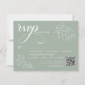 Boho Floral Sage Green Calligraphy QR-Code RSVP Karte (Vorderseite)