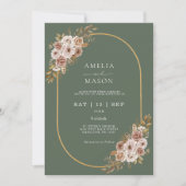Boho Floral Sage Green und Gold Wedding Einladung (Vorderseite)