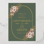 Boho Floral Sage Green und Gold Wedding Folieneinladung (Vorderseite)