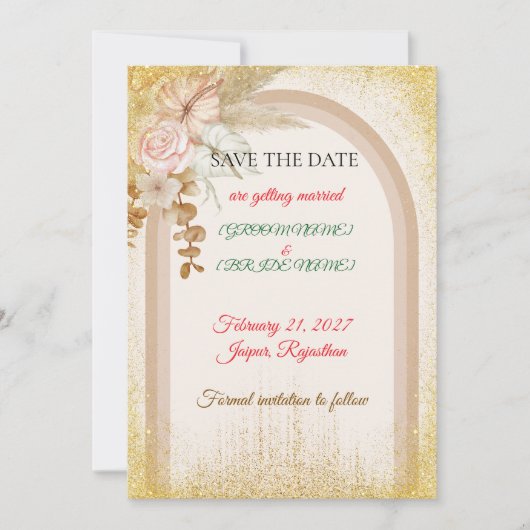 Boho-Floral Save-the-Date-Karte mit goldenen Funke Save The Date (Vorderseite)