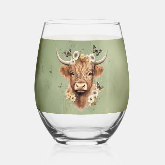 Boho Floral Scottish Cow mit Bauernhof Green Weinglas Ohne Stiel