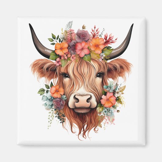Boho Floral Scottish Highland Cow Western Blume Magnet (Vorne)