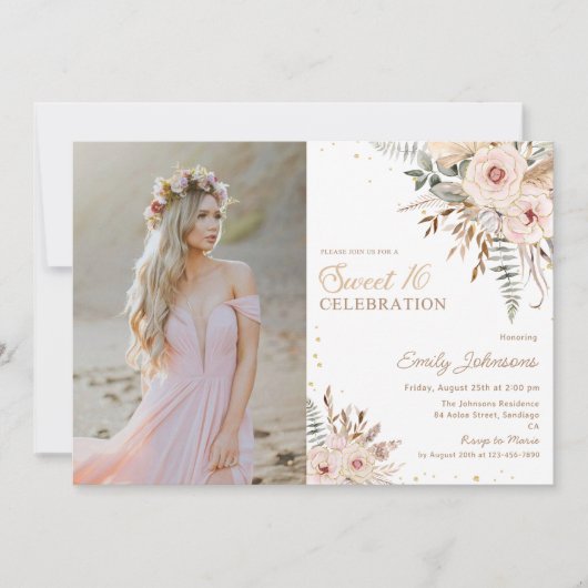 Boho Floral Script Gold Glitzer Sweet 16 Foto Einladung (Vorderseite)