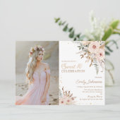 Boho Floral Script Gold Glitzer Sweet 16 Foto Einladung (Stehend Vorderseite)