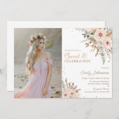 Boho Floral Script Gold Glitzer Sweet 16 Foto Einladung (Vorne/Hinten)