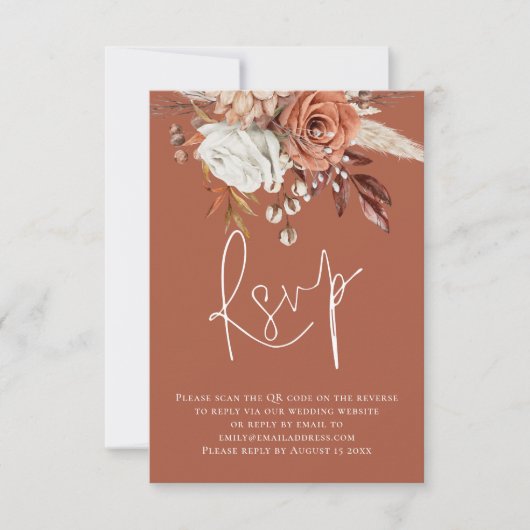 Boho Floral Script QR Code Terracotta Wedding RSVP (Vorderseite)