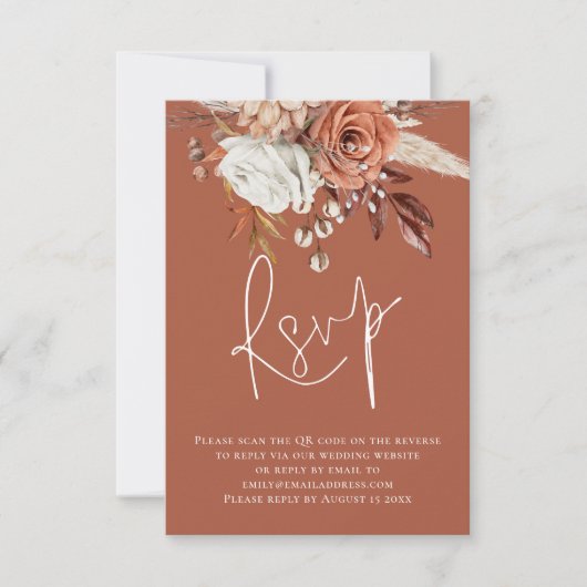 Boho Floral Script QR Code Terracotta Wedding RSVP Karte (Vorderseite)