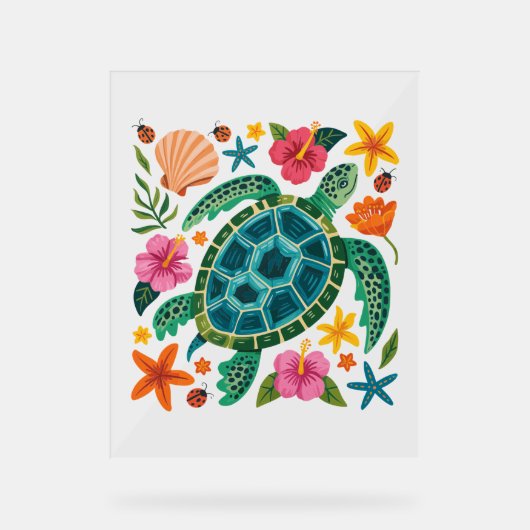 Boho Floral Sea Turtle Acrylschild (Vorderseite)