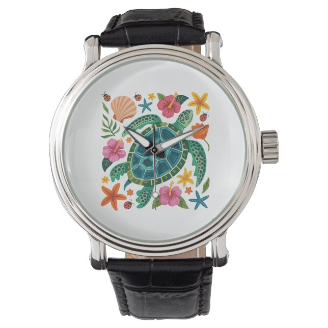 Boho Floral Sea Turtle Armbanduhr (Vorderseite)