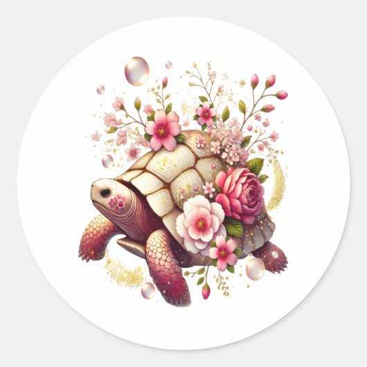 Boho Floral Sea Turtle Pink Blossom Runder Aufkleber (Vorderseite)