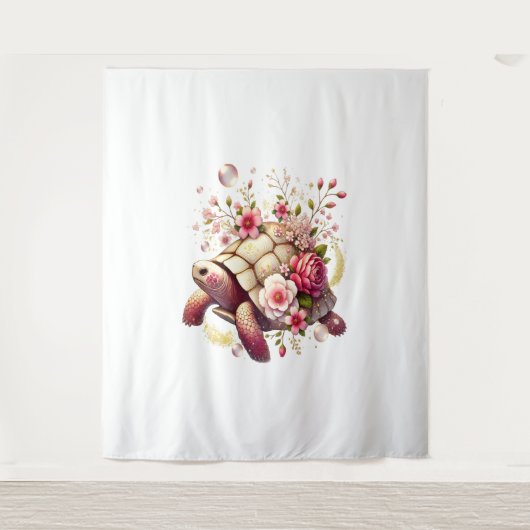 Boho Floral Sea Turtle Pink Blossom Wandteppich (Vorderseite)