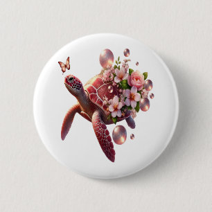 Boho Floral Sea Turtle, rosa Blossom Button