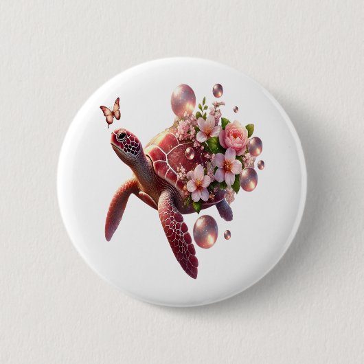 Boho Floral Sea Turtle, rosa Blossom Button (Vorderseite)