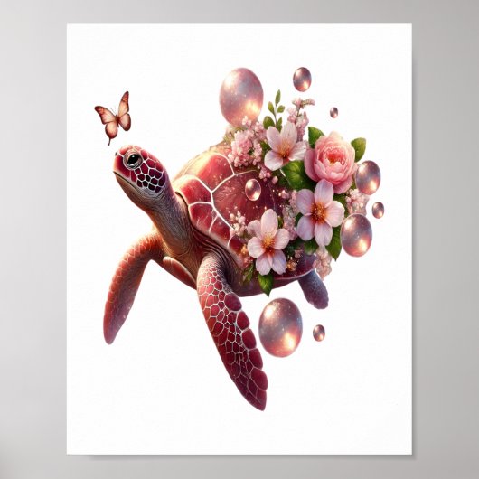 Boho Floral Sea Turtle, rosa Blossom Poster (Vorne)
