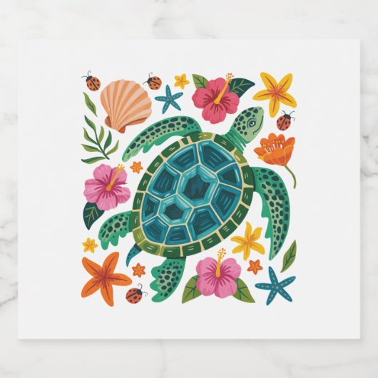 Boho Floral Sea Turtle Schaumweinetikett (Einzelnes Label)