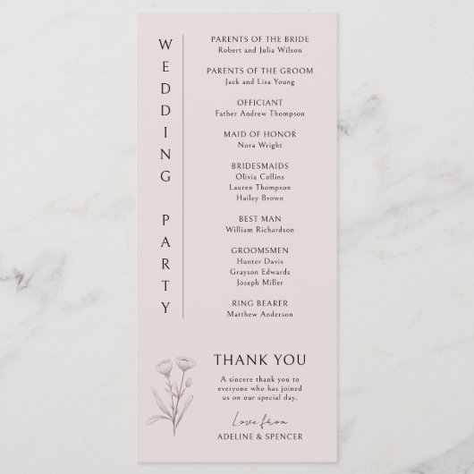 Boho Floral Sketch Modernes Foto Hochzeitsprogramm (Rückseite)