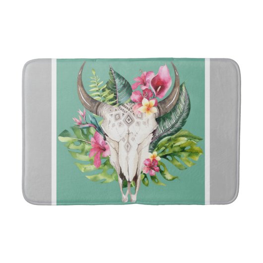 Boho Floral Skull Aquamarin & Chic Gray Modern Gla Badematte (Vorderseite)