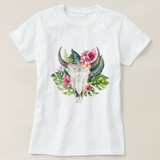 Boho Floral Skull Aquamarin Tropical Island Paradi T-Shirt (Design vorne)