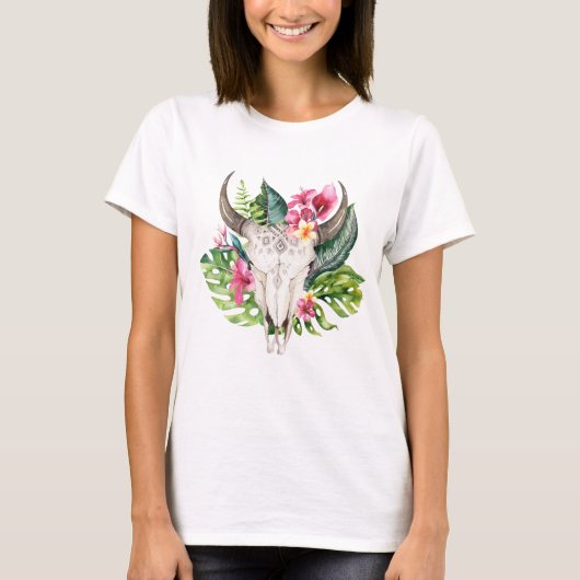 Boho Floral Skull Aquamarin Tropical Island Paradi T-Shirt (Vorderseite)