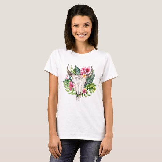 Boho Floral Skull Aquamarin Tropical Island Paradi T-Shirt (Vorne ganz)