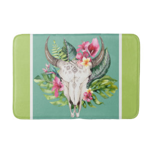 Boho Floral Skull Aquamarin und grün hell bunt Badematte