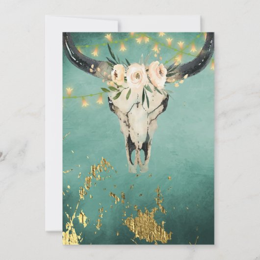 Boho Floral Skull, String Lights Türkis Wedding Einladung (Rückseite)