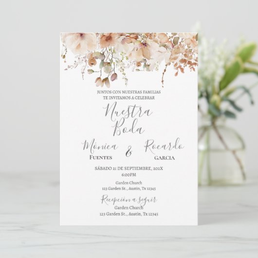 Boho Floral Spanish Wedding Einladung (Stehend Vorderseite)