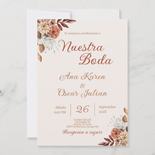 Boho Floral Spanish Wedding Einladung (Vorderseite)