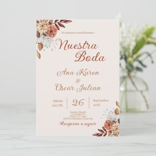 Boho Floral Spanish Wedding Einladung (Stehend Vorderseite)