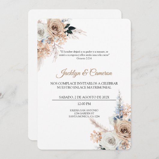 Boho Floral Spanish Wedding Einladung (Vorne/Hinten)