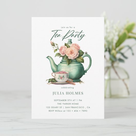 Boho Floral Spring | Teacup Tee Party Einladung (Stehend Vorderseite)