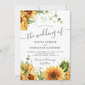 Boho floral sunflower black and white wedding einladung (Vorderseite)