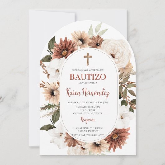 Boho Floral Taufe Spanische Einladung (Vorderseite)