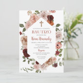 Boho Floral Taufe Spanische Einladung (Stehend Vorderseite)