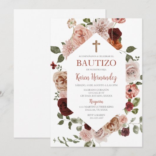 Boho Floral Taufe Spanische Einladung (Vorne/Hinten)