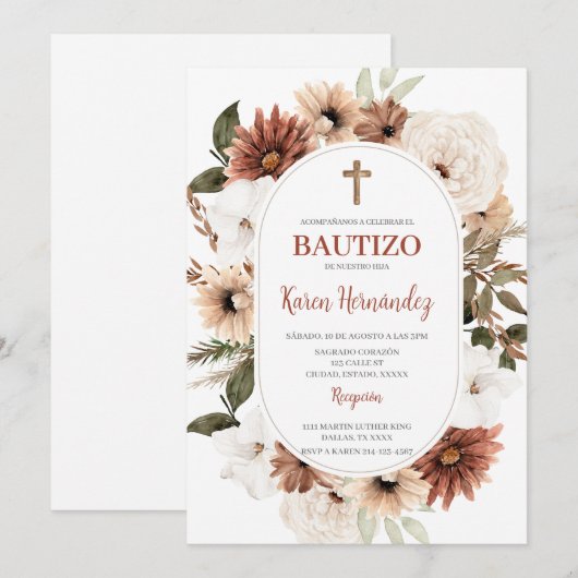 Boho Floral Taufe Spanische Einladung (Vorne/Hinten)
