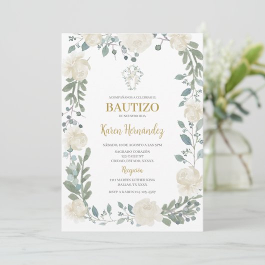 Boho Floral Taufe Spanische Einladung (Stehend Vorderseite)