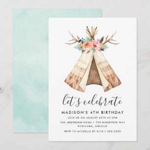 Boho Floral Teepee Einladung zur Geburtstagspart