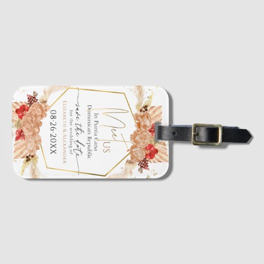 Boho Floral Terracotta Gilded Script Save the Date Gepäckanhänger (Vorderseite (Horizontal))