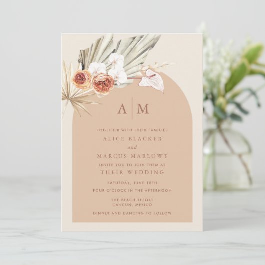 Boho Floral Terracotta Monogram Weditation Einladung (Stehend Vorderseite)