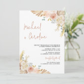 Boho Floral Terracotta Pampas Photo Script Wedding Einladung (Stehend Vorderseite)