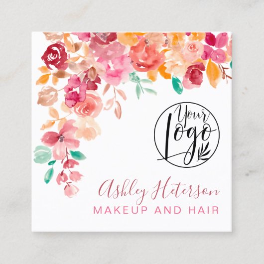 Boho floral terracotta qr Code Logo Haarschminke Quadratische Visitenkarte (Vorderseite)