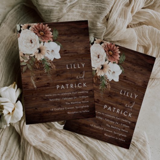 Boho Floral Terracotta Rustic Wood Wedding Einladung
