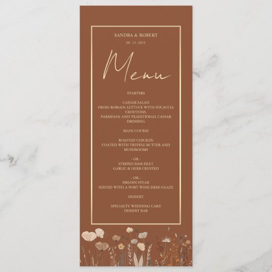 Boho Floral Terracotta Wedding Menükarte (Vorderseite)